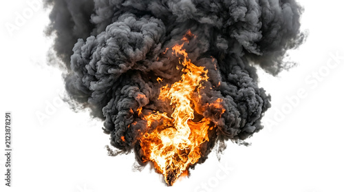 Fiery Explosion with Thick Black Smoke and Flames Isolated transparent Background