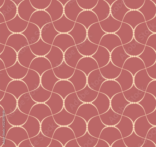 Seamless vector pattern of delicate dotted wavy lines forming an abstract geometric mesh on a coral background. Elegant tile for textile and wallpaper.