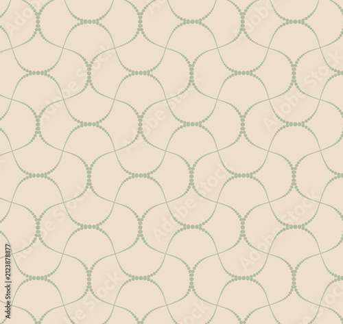 Seamless vector pattern of delicate dotted wavy lines forming an abstract geometric mesh on a beige background. Elegant tile for textile and wallpaper.