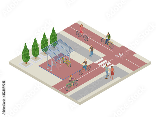 isometric cycling path scene with cyclists pedestrians and bike shelter