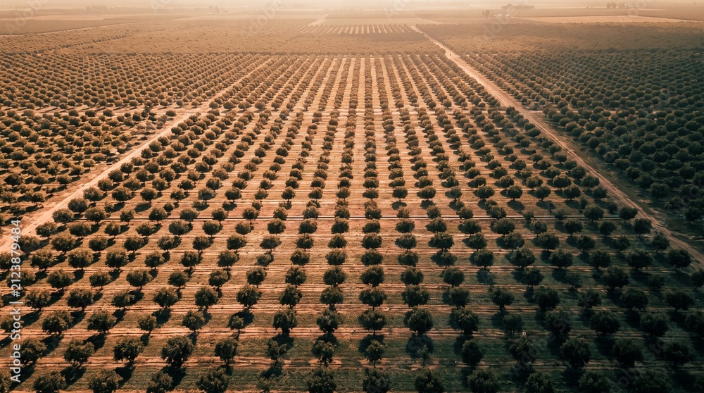 Fototapeta premium Aerial view of a vast agricultural orchard with trees planted in neat symmetric rows during golden sunset hour