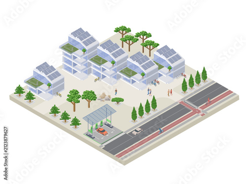isometric eco-friendly townhouse neighborhood with ev charging station and cyclists