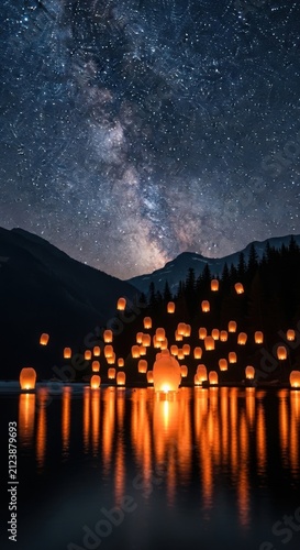 Stunning night landscape with floating lanterns on a calm lake under a starry sky with the milky way galaxy