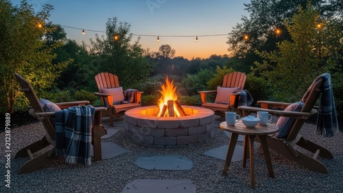 Cozy backyard fire pit area with wooden lounge chairs.