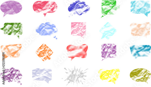 Set of colorful speech bubbles with crumpled paper texture isolated on white background