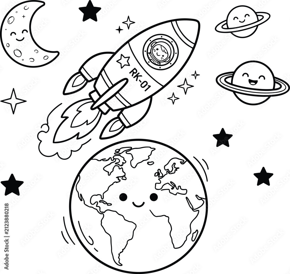 Obraz premium Cute cartoon rocket ship flying above planet Earth with moon and stars coloring page for children activity book