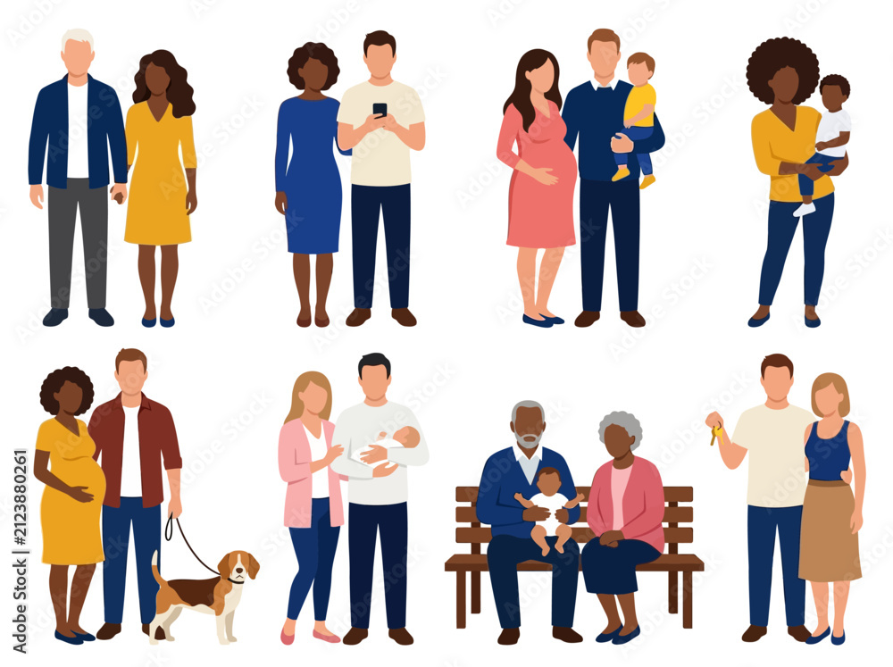 Fototapeta premium Diverse Multi-Ethnic Families and Couples Flat Vector Collection