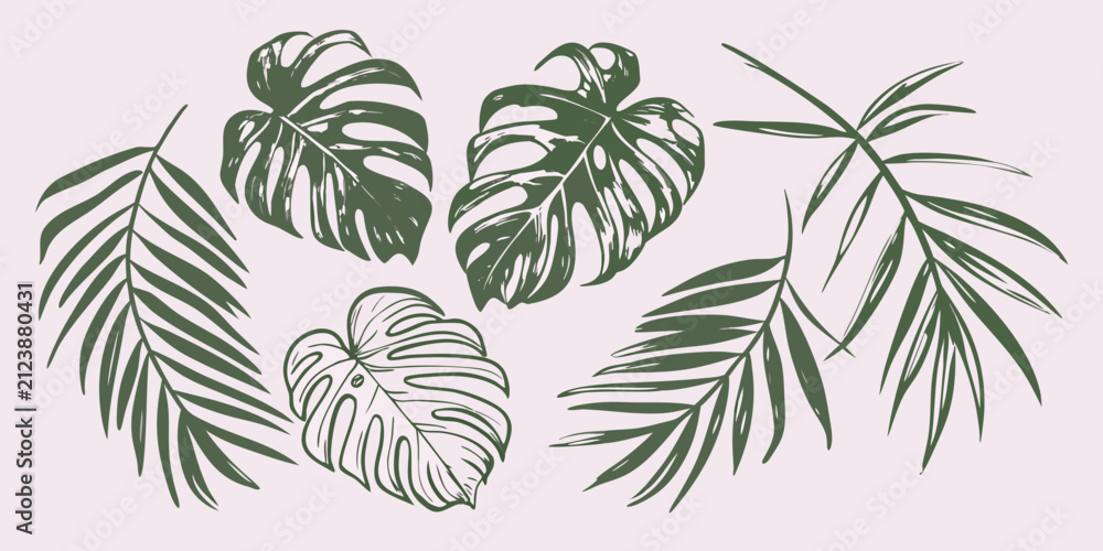 Obraz premium tropical leaves in block print style on light pink background green monstera palm