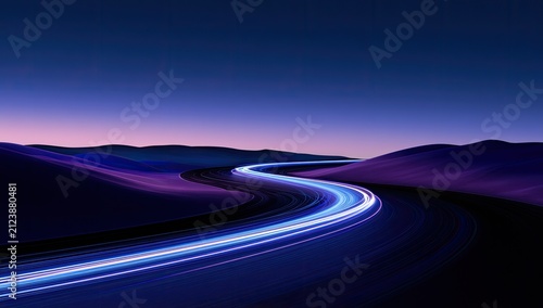 A curving road illuminated by streaking blue and white lights under a twilight sky