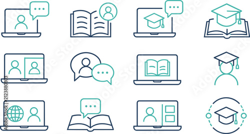 Online Education E-learning Distance Learning Vector Line Icon Set