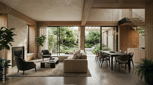 Modern Open Plan Living Room with Garden View and Wooden Accents
