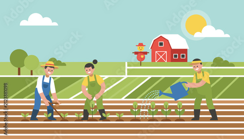 Team of cheerful farm workers working diligently in a green field planting crops and watering sprouts near a red barn.
