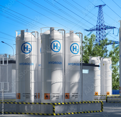 Hydrogen production. Hydrogen storage tanks at an industrial energy facility support green hydrogen production, energy storage and clean fuel distribution.
