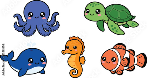 Cute sea animals vector illustration set featuring a baby octopus turtle whale seahorse and clownfish character
