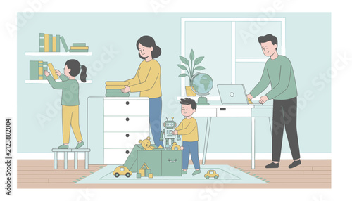 Happy young family cleaning and organizing their messy living room together with their cute children storing toys.
