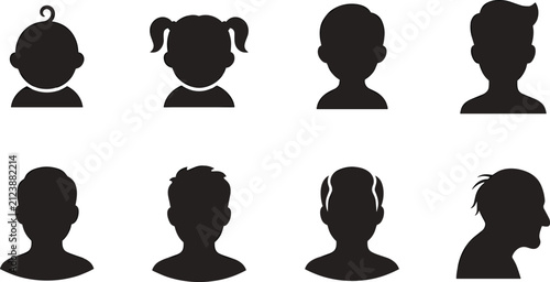 Fotografie Set of black silhouettes representing human life stages, from baby to elderly, s