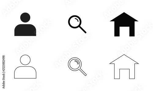 User profile, search, and home icon set vector in solid and line styles