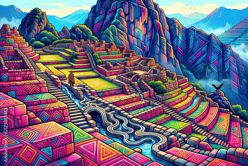 Vibrant Maximalist Choquequirao Inca Ruins Chaos Design Vector