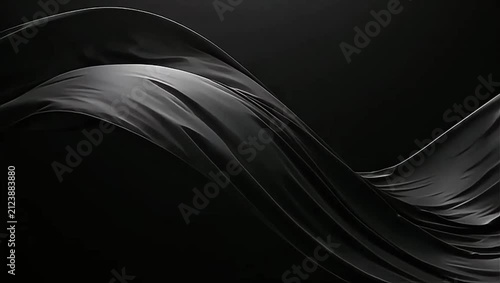 Animated black silk fabric with smooth wave-like motion on a dark background. Glossy folds form a large central wave, creating an elegant luxury motion background.