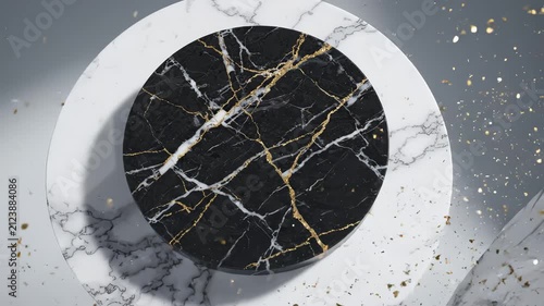Floating Marble Discs in Minimalist Studio – Abstract 3D Animation with Gold Veins and Dynamic Shadows