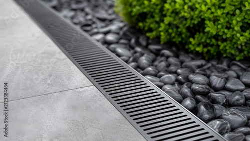 Modern Backyard Drainage Solution Featuring Grey Stone Pavers and Decorative Black River Rocks