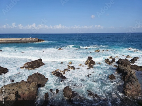 Rocky Coastline with Waves and Blue Ocean