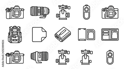 Konstfotografi Photography Gear Icons: Camera, Lens, Tripod, Remote, Backpack, SD Cards, Microf