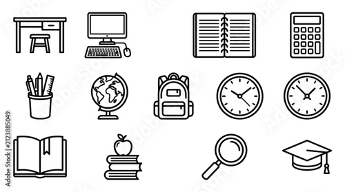School and Office Icons: Desk, Computer, Books, Globe, Backpack, Calculator, Clock, Magnifying Glass