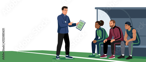 Foto Soccer Coach Instructing Players on Sidelines with Clipboard