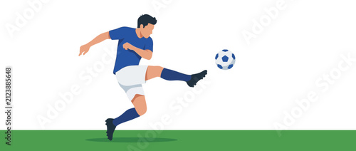Foto Soccer Player Kicking Ball on Green Field, Dynamic Action Shot