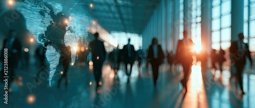 Blurred global business people walking in a bright modern hall with world map overlay