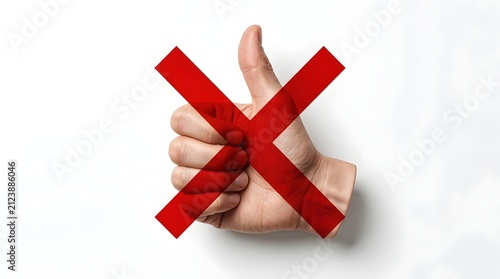 A hand giving a thumbs up with a red cross symbol superimposed over it, symbolizing negation or disapproval