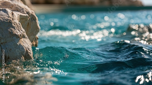 Close-up on sunlit ocean waves gently lapping against a weathered rock