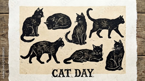 Black cat silhouettes in woodcut style on textured paper, vintage linocut feline illustrations for International Cat Day, rustic handmade animal art.