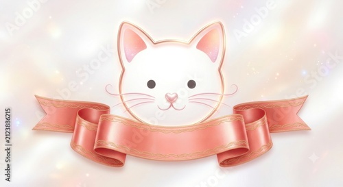 Glowing Rose Gold Cat Frame with Elegant Silk Ribbon Banner - Soft Pastel Sparkling Pet Logo Emblem and Blank Text Label Illustration