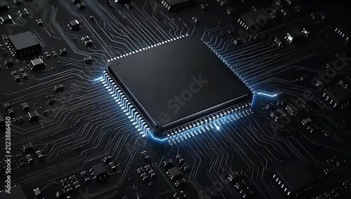 Animation of a microchip on a dark circuit board with glowing blue data streams spreading through the traces. Futuristic technology background for AI and computing.