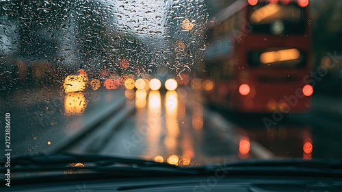 Rainy city street with blurred lights and a red double-decker bus