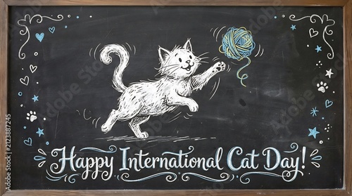 White chalk cat jumping for blue yarn on blackboard, 