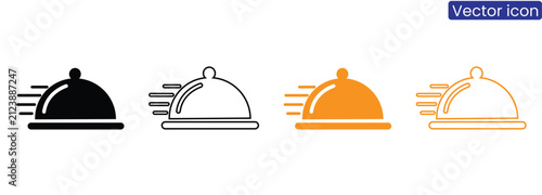 
Fast Food Delivery Cloche Vector Icon Set with Motion Line. Restaurant Tray Dome Symbol. Black, Outline, Orange Speed Express Service Graphic Design Element. Order Serve Sign Emblem Clip Art