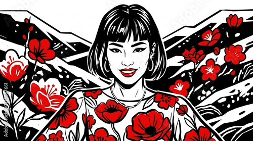 Graphic illustration of a smiling Asian woman with short bob hair surrounded by red poppies and mountains in a bold woodcut style.