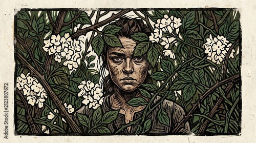 Linocut illustration of an intense woman framed by green leaves, thorny branches, and white flowers in a detailed woodcut art style.