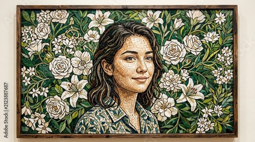 Mosaic portrait of a smiling young woman surrounded by white roses and lilies in a framed glass artwork.
