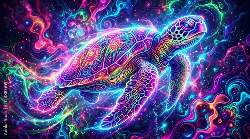 Vibrant psychedelic sea turtle swimming through glowing cosmic fractal space with neon waves, colorful mandala patterns, and spiritual abstract energy art.