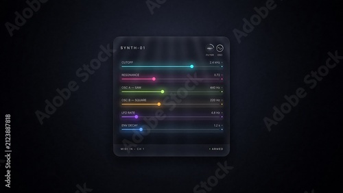 Sleek glass morphism synthesizer user interface features colorful sliders and clear text for intuitive music production and sound design, showcasing modern digital audio workstation concepts.