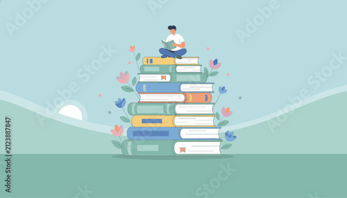Young man sitting and reading a book on top of a giant colorful stack of books surrounded by delicate flowers.