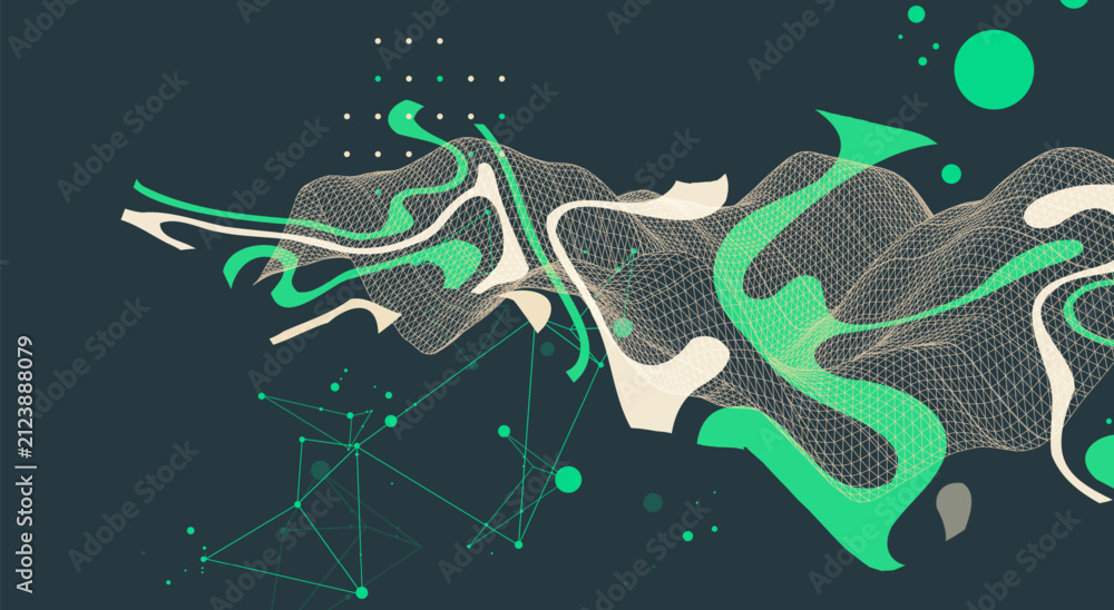 Obraz premium Abstract futuristic background with dynamic green and beige fluid waves, mesh grid, geometric lines. Vector