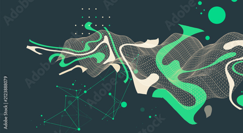 Abstract futuristic background with dynamic green and beige fluid waves, mesh grid, geometric lines. Vector