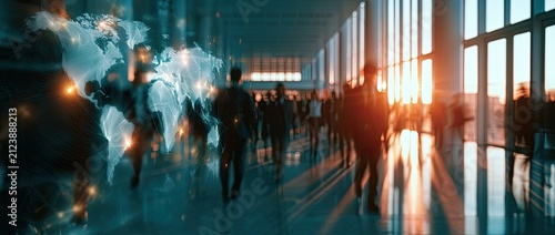 Futuristic digital world map superimposed over blurred commuters in sunlit atrium