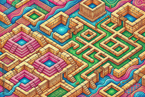 Dholavira Ancient Water Management Maximalist Chaos Design Vector Illustration