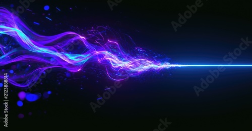 Luminous energy streams unfurl from a bright, linear source into the dark